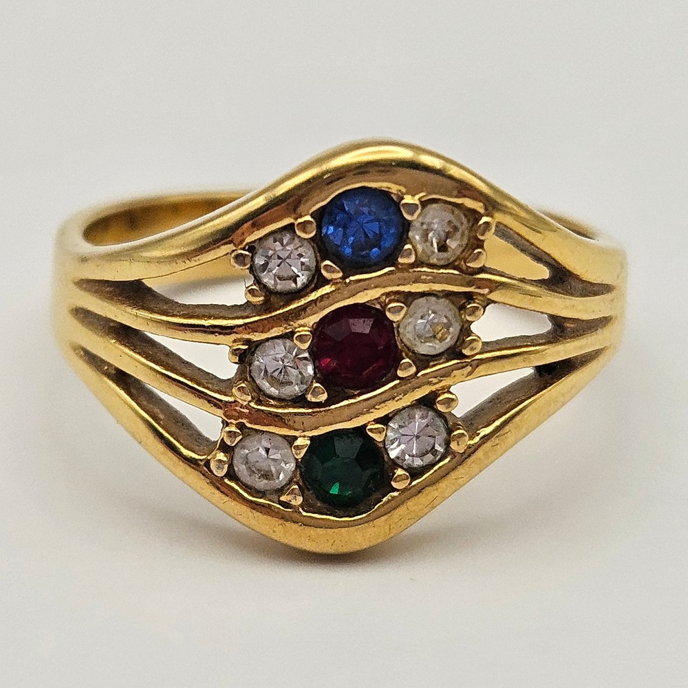 Avon Vintage Gold Tone Multi Color Rhinestone Wave Statement Ring Size 7.5